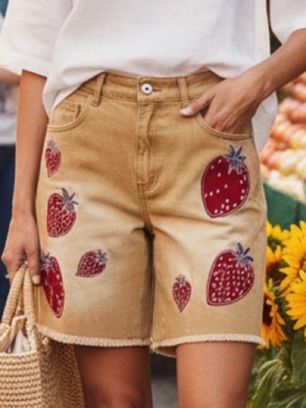 Western Strawberry Embroidered Faded Frayed Hem Denim Shorts Jorts
